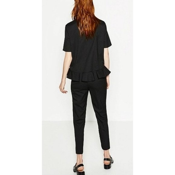 Zara Pinstriped Frilled Top Ruffle Striped High Mock Neck Peplum Back Zip Blouse - Picture 2 of 10